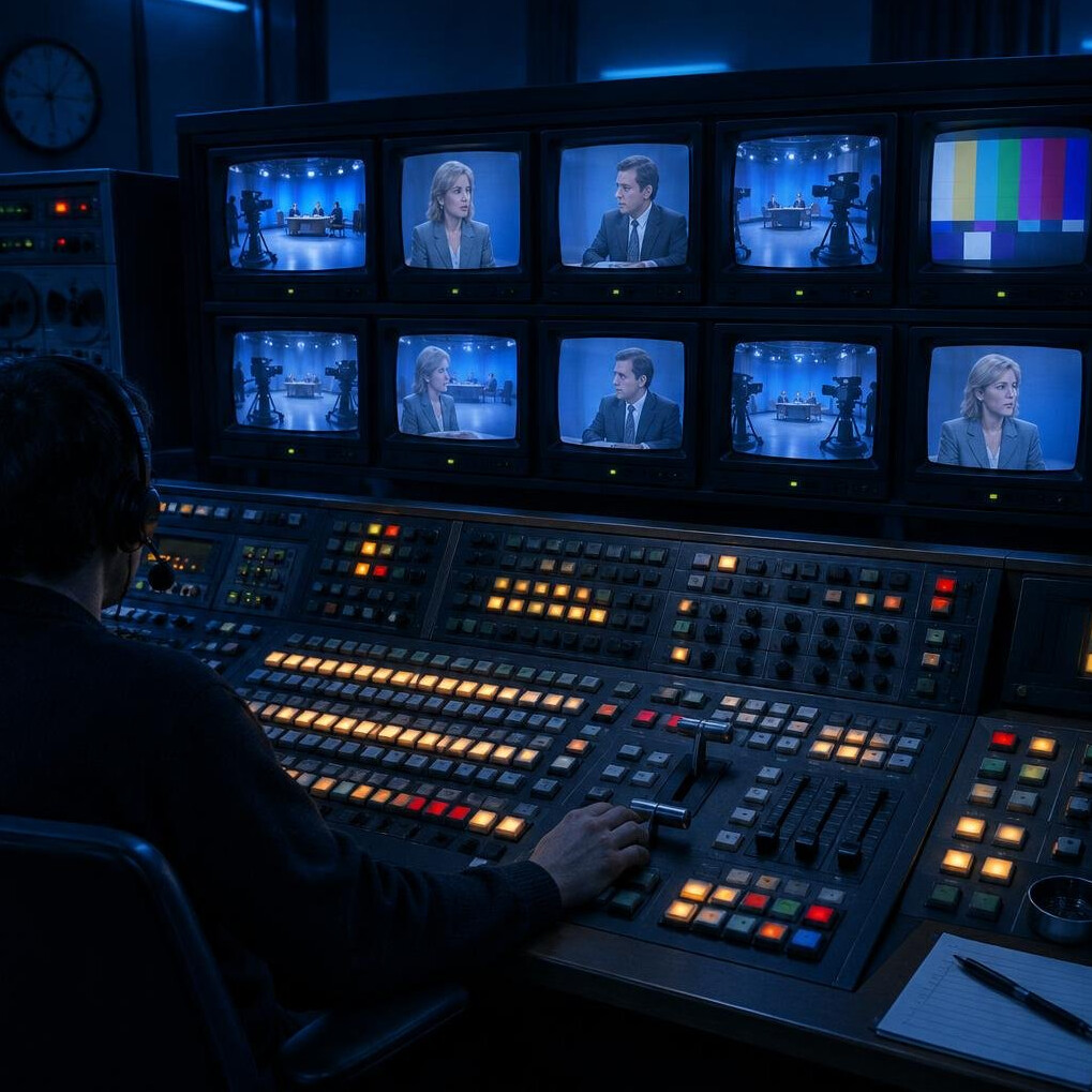 Vintage multi-camera television control room with switcher panel