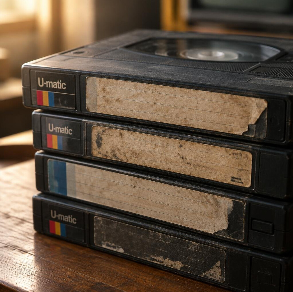 Close-up of stacked vintage U-matic videotape reels