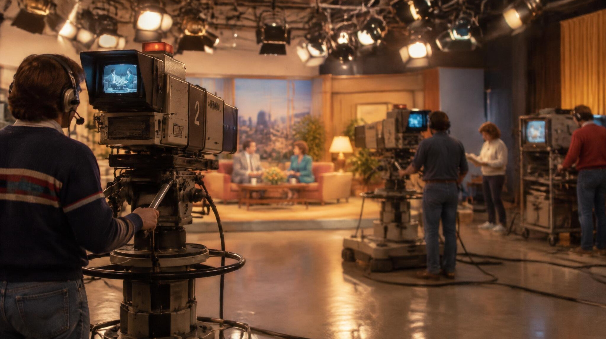 Vintage television studio with analogue cameras and warm lighting