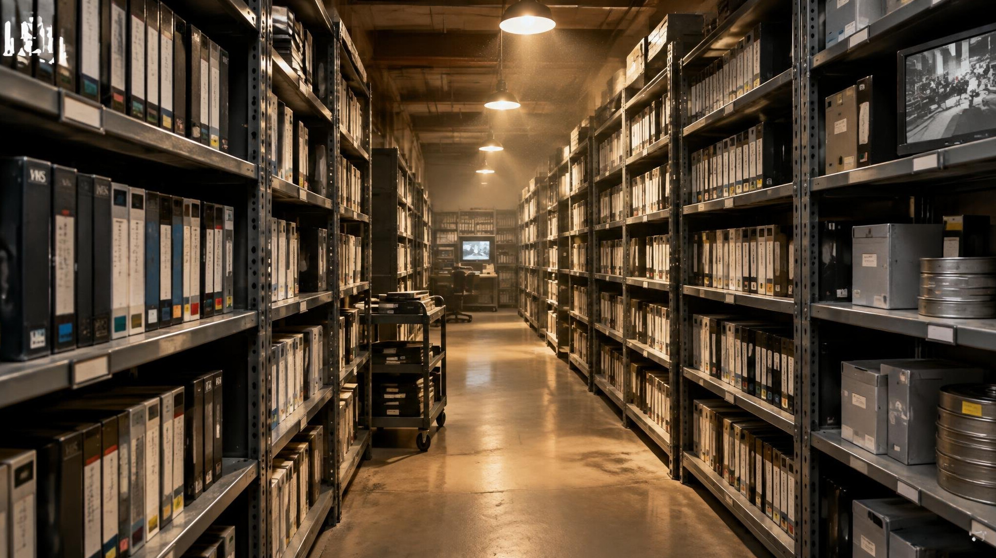 Wide view of a television archive room with rows of tape shelving