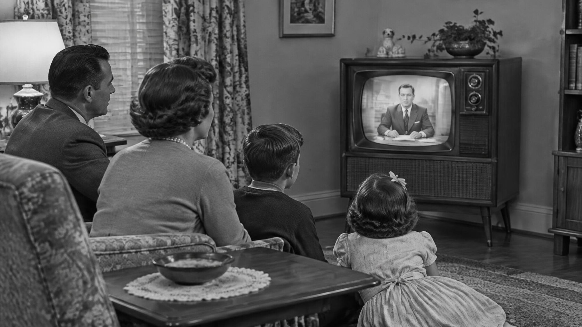 family watching old tv
