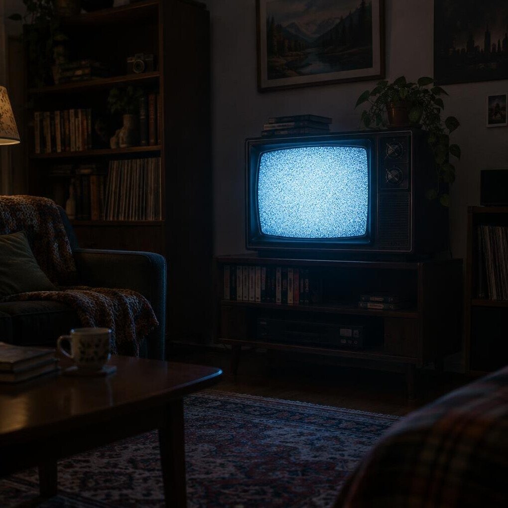 Glowing CRT television set in a dim room